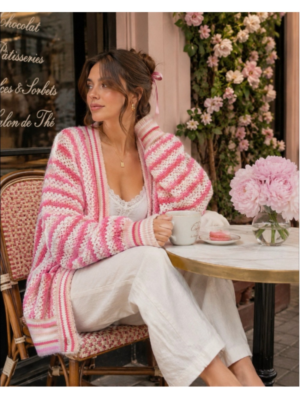 GRACE + KARMA PINK STRIPED CHUNKY KNIT OPEN CARDIGAN WOMEN’S M/L COQUETTE SOFT G